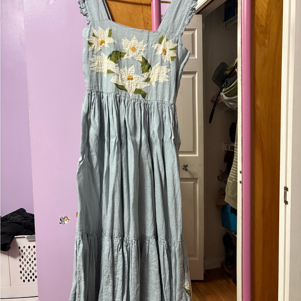 Floral Embroidered Blue Maxi Dress